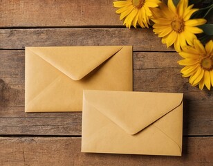 Two brown envelopes on a rustic wooden table with vibrant yellow flowers nearby.
