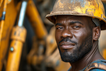 A focused African American male construction worker in a hard hat, exuding determination and strength on the job.