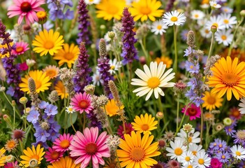 Fototapeta premium Vibrant floral background with wildflowers & herbs, perfect for spring/summer cards, vector illustration, poster