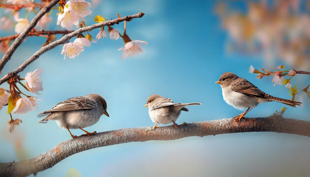 varios p&aacute;jaros gorriones posados en una rama de un &aacute;rbol con flores y fue fondo de cielo azul desenfocado
