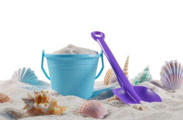 3d render of sand with plastic bucket and spade on white background