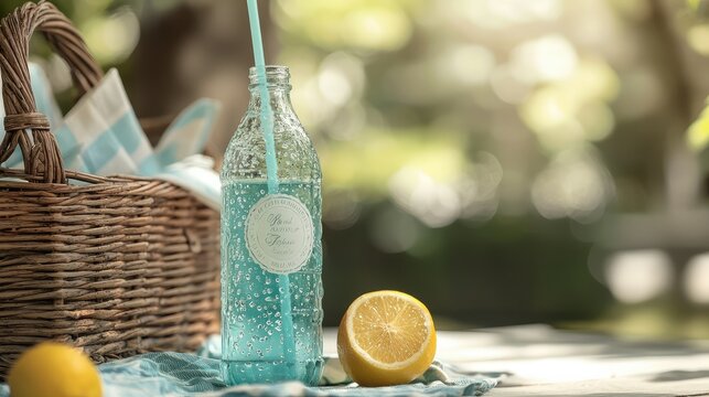 A vintage-style juice bottle with a straw, next to a picnic basket