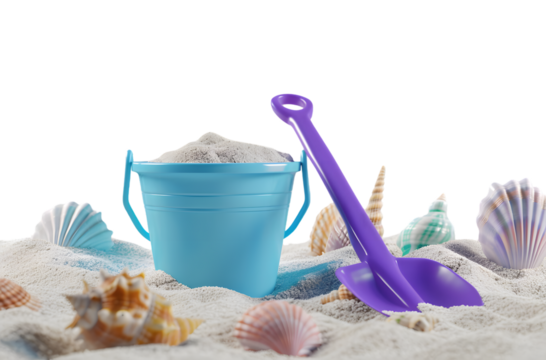 3d render of sand with plastic bucket and spade on white background
