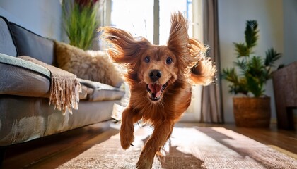 A happy dog with tousled fur, playfully chasing its tail in the living room, full of excitement and energy.
