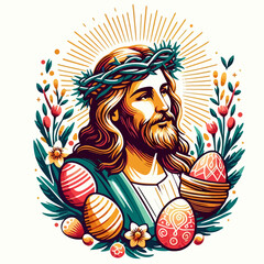Easter emblem: a logo featuring Jesus Christ, a cross, and Easter symbols, perfect for posters, greeting cards, and holiday decorations