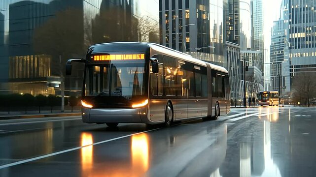 City bus powered by gas driving through urban landscape with reflections