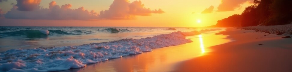 Obraz premium Soft golden light bathes quiet beach at sunset; gentle waves, tropical, calm