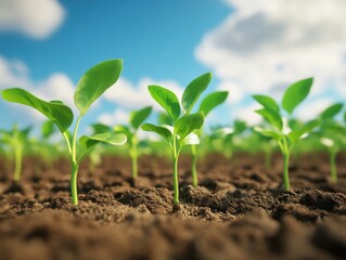 Young plants in neat rows growing in a freshly tilled field, reaching toward the sky