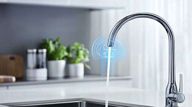 A smart kitchen faucet with touchless controls, kitchen with faucet dispensing water automatically, Home-tech style