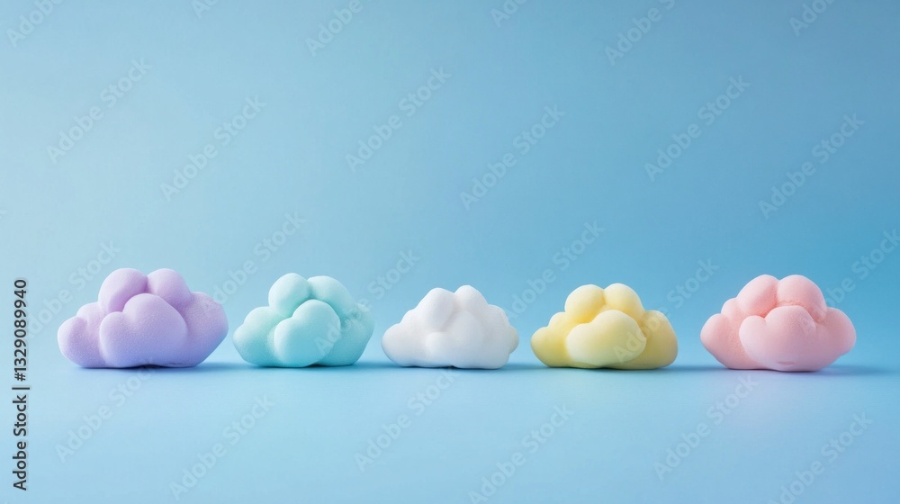 Aufkleber five pastel-colored cloud shapes arranged in a row against a light blue background.