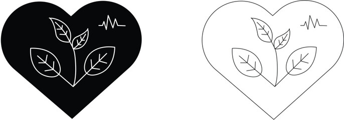 Eco-Friendly Healthcare Icon with Transparent Background – Heart with Leaves and Heartbeat Line, Sustainable Wellness, Nature-Inspired Medical Care, Vector Symbol