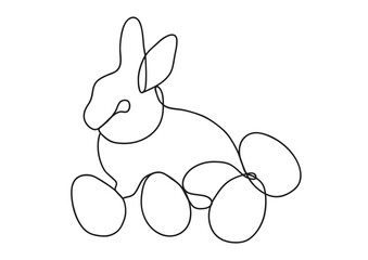 black continuous line vector hand drawn illustration of easter bunny and easter eggs isolated on white background with copy space for your text