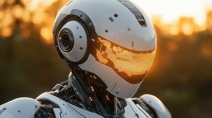 Futuristic robot head in sunset