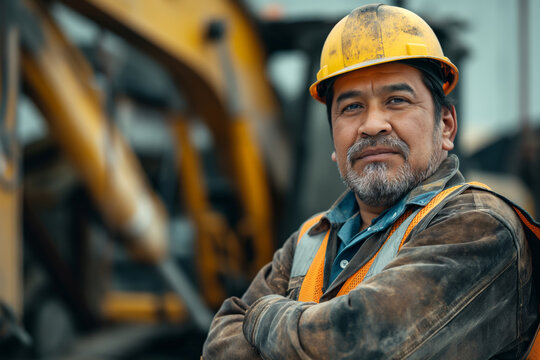 A confident Hispanic male construction worker in a hard hat and safety vest poses proudly at a construction site.