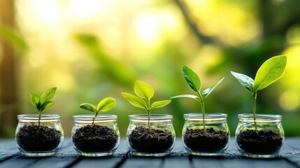 Five saplings in glass jars showing growth stages against a blurred green background.