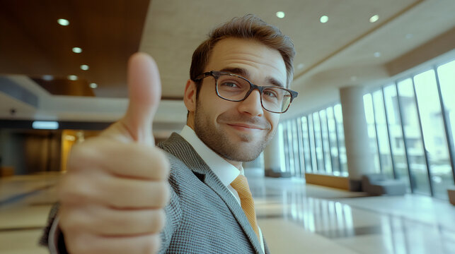 young well-dressed professional man showing thumbs up