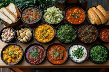 Fototapeta premium A variety of hearty meals served with fresh bread and garnishes.