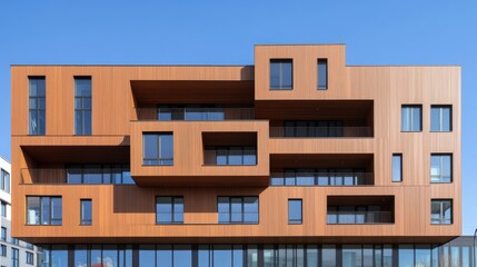 A modern wooden building with a unique geometric facade, featuring various window shapes against a clear blue sky.
