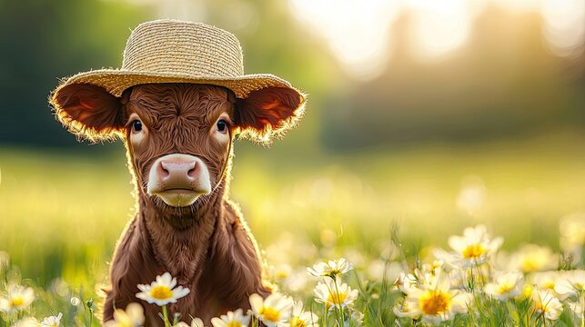 Sunny Day with Calf in Straw Hat Among Lush Grass