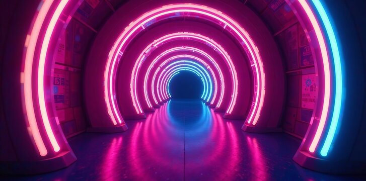 Vibrant neon rings tunnel with colorful lights and abstract patterns, tunnel, generative