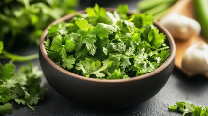 Fototapeta premium A bowl of fresh cilantro leaves on a dark background, symbolizing healthy eating, organic ingredients, and natural cooking. Concept of fresh herbs, nutrition, and plant-based cuisine