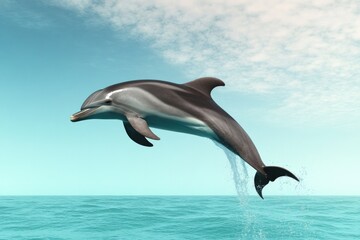 Fototapeta premium Dolphin gracefully leaps above calm ocean waters under bright sk