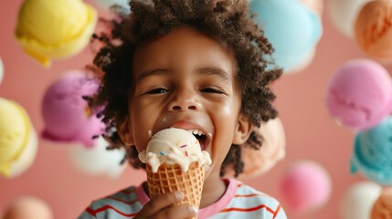 Naklejka premium A young boy with curly brown hair laughs with joy while eating an ice cream cone.