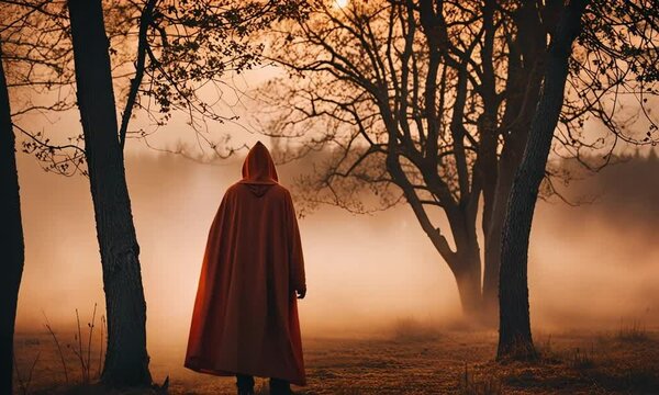 Mysterious Cloaked Stranger Emerging from the Depths of an Orange Haze
