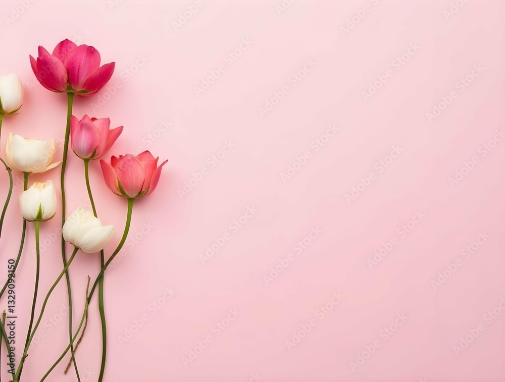 Poster pink and white tulips are arranged on a soft pink background, creating a minimalist