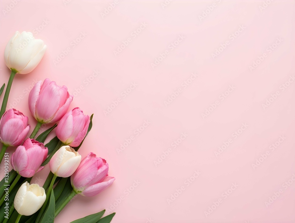 Poster pink and white tulips are arranged on a soft pink background, creating a minimalist