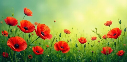 Fototapeta premium Vibrant poppies painting on lush green meadow, flowers, field