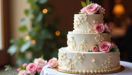 Exquisite and elegant wedding cake with intricate designs, delicious, luxury