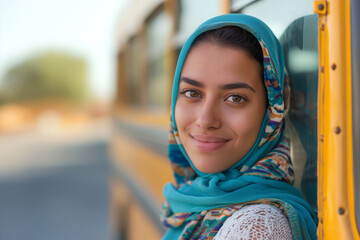 A young Middle-Eastern woman wearing a vibrant turquoise hijab smiles warmly by a school bus.