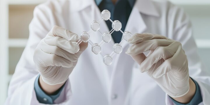 Science performance analysis assessment concept. Scientist holding a molecular model in a lab setting.