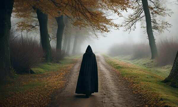 Mysterious Medieval Figure in a Long Cloak and Hood Walking a Foggy Rural Path