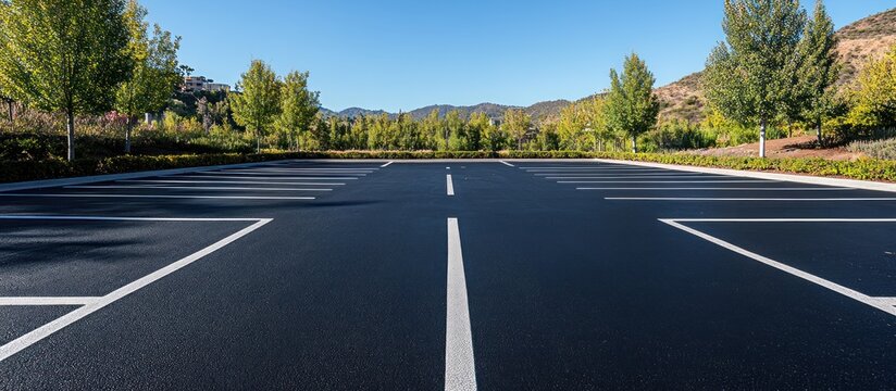 An empty parking lot with white lines and trees on a sunny day
