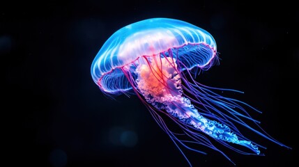 Naklejka premium Bioluminescent jellyfish in dark ocean