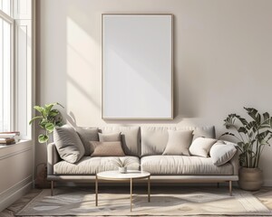 Modern living room interior with beige sofa. a large empty picture frame and natural light