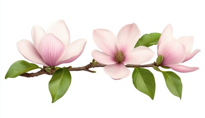 Fototapeta premium Pale Pink Magnolia Blossoms on Branch, White Background