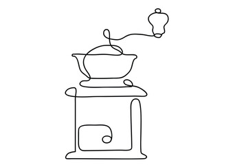 black continuous line coffee grinder hand drawn illustration isolated on white background with copy space for text