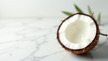 Fresh whole coconut on white marble surface, tropical fruit, fresh, background