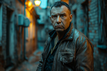 Naklejka premium A serious middle-aged man in a leather jacket stands in a dimly lit alleyway, exuding a tough demeanor.
