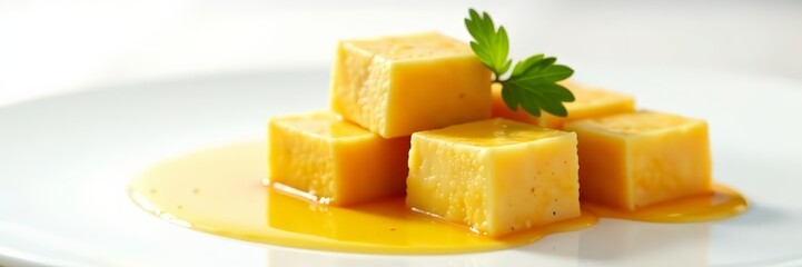 Freshly cooked golden oil tofu on white background, organic, vegan