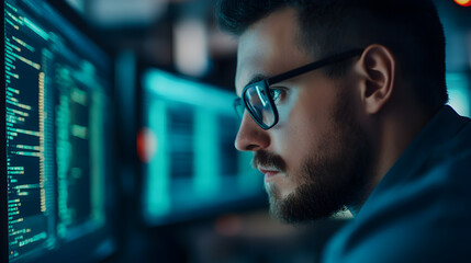 Tech professional analyzing data modern office digital workspace night focused insight