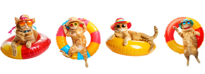 cute orange cat wearing sunglasses and a sun hat lying on an inflatable ring