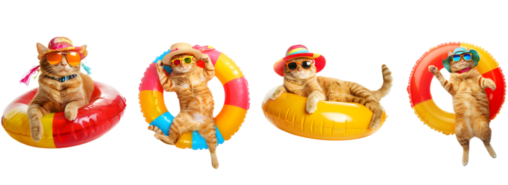 cute orange cat wearing sunglasses and a sun hat lying on an inflatable ring