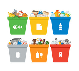 Different types garbage Recyclable Waste. Environmental recycling concept. Recycling Bins.