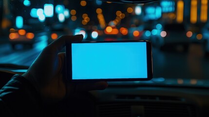 Closeup of hand holding smartphone with white mockup on screen,black mobile phone in hands with blank desktop screen while car driving,Mockup image,Copyspace for text.