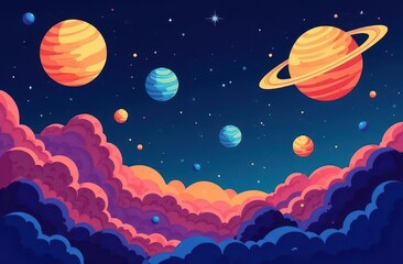 Colorful planets and vibrant clouds create a dreamy cosmic landscape