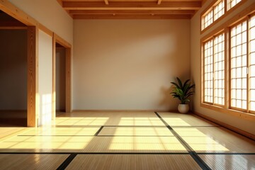 Obraz premium Bright dojo, polished wood floors, tatami mats, minimalist decor , dojo, decor